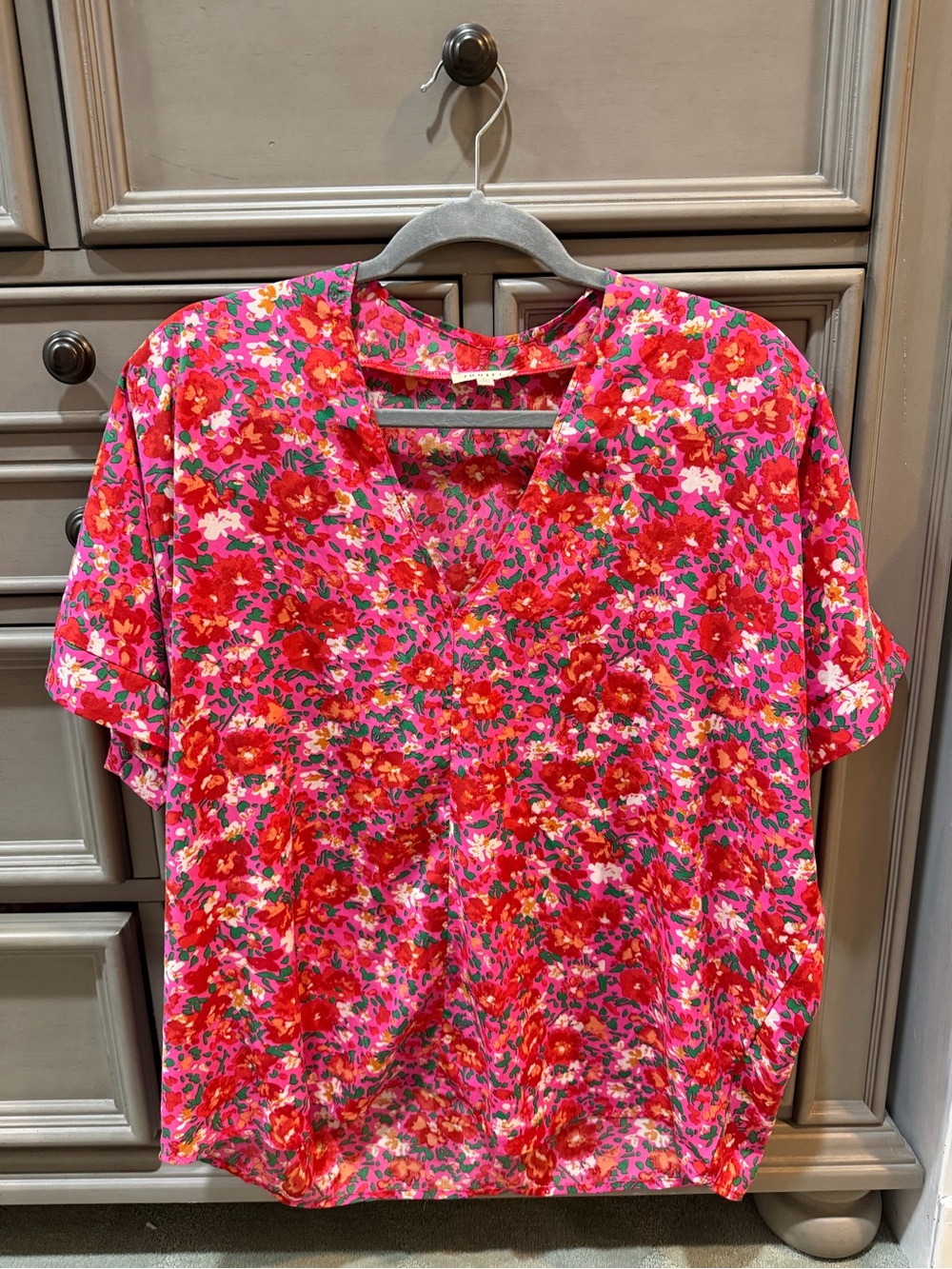 JODIFL Pink & Red Floral V-Neck Blouse- Vibrant trending colors for summer- SM
